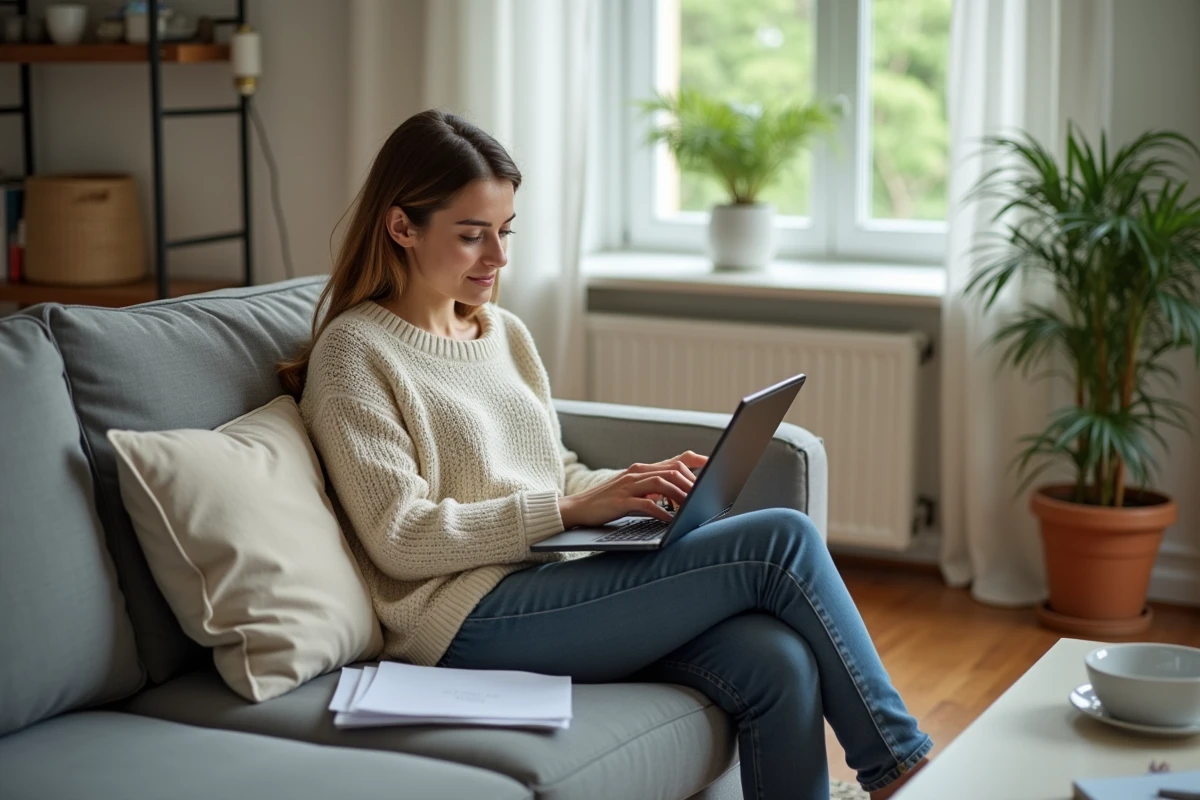 Femme assise sur un canapé avec une tablette dans un salon lumineux