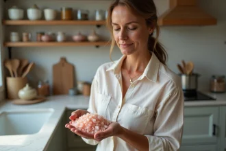 Femme française examinant du sel rose de l'Himalaya dans la main