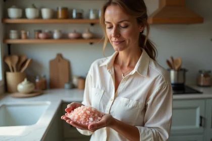 Femme fran&ccedil;aise examinant du sel rose de l'Himalaya dans la main