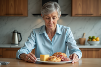 Femme d'âge moyen repoussant des aliments transformés