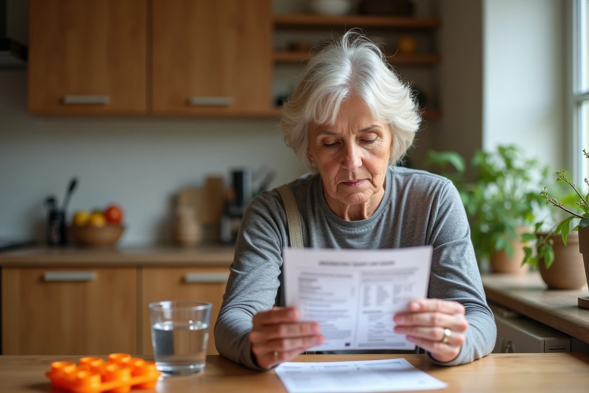Femme âgée lisant une notice de complément cardiovasculaire à la maison avec un pilulier et un verre d'eau