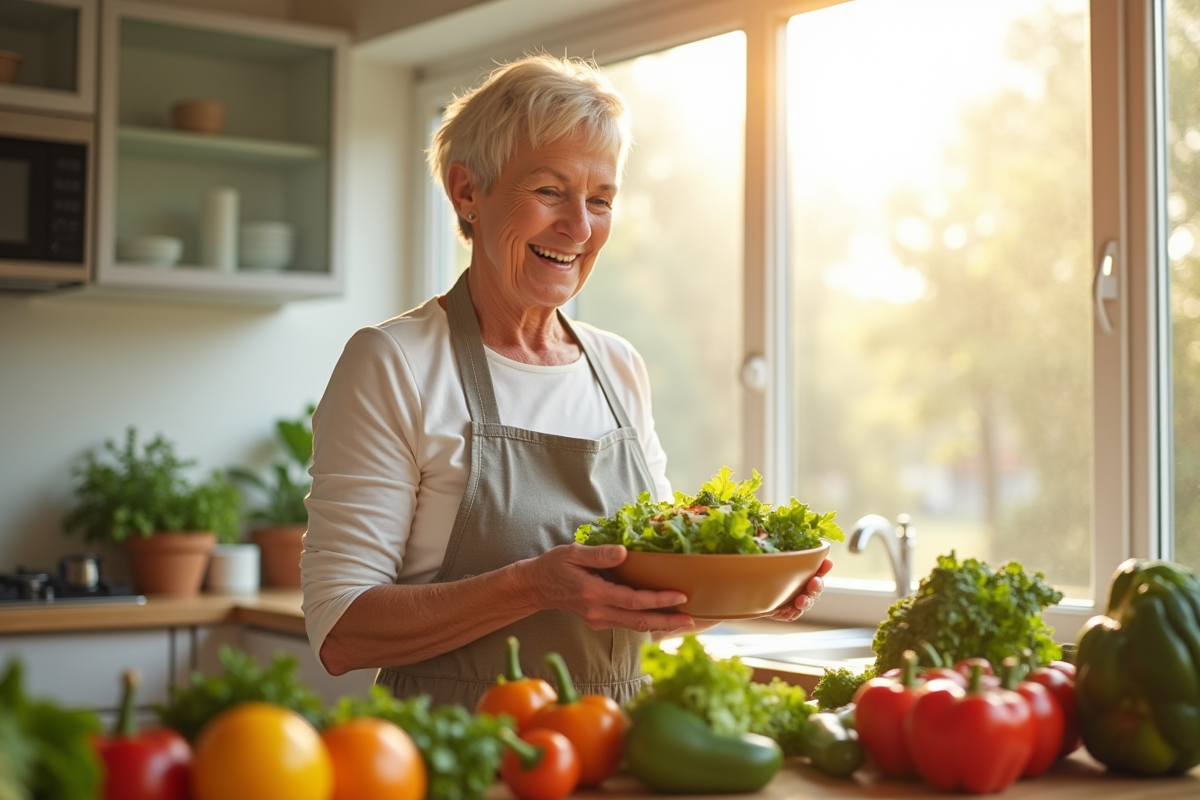 Femme senior préparant une salade dans une cuisine lumineuse