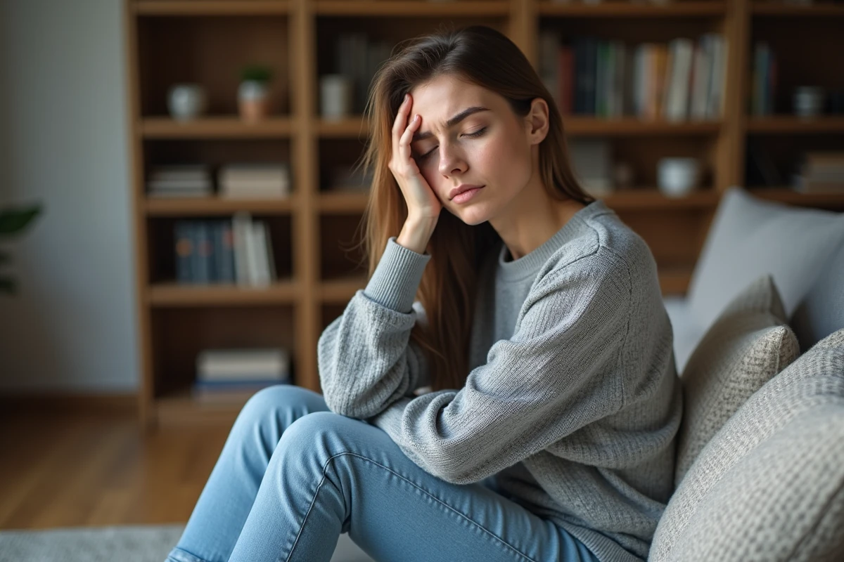 Femme assise sur un canapé dans un salon cosy