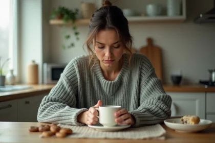 Femme stressée assise à sa table de cuisine avec une tasse de café, illustrant la prise de poids liée au stress et aux mauvaises habitudes alimentaires émotionnelles
