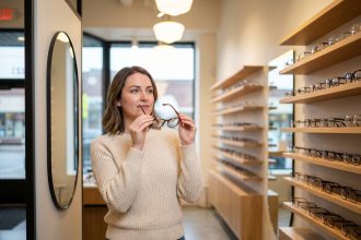 Femme élégante en lunettes dans un magasin d'optique