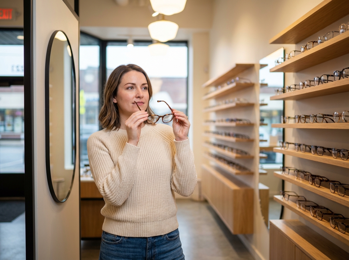 Femme élégante en lunettes dans un magasin d'optique