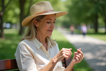 Femme d'&acirc;ge moyen dans un parc en &eacute;t&eacute; examine ses taches de rousseur