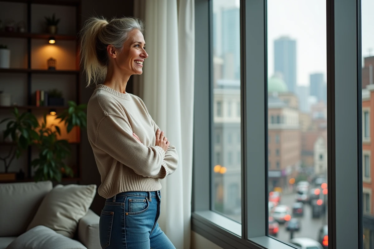 Femme souriante regardant la ville depuis son appartement
