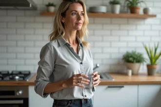 Femme adulte tenant un verre d'eau minérale dans une cuisine moderne, illustrant l'hydratation pour soulager la constipation