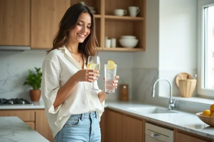 Femme tenant un verre d'eau pétillante dans une cuisine moderne après un mois sans alcool