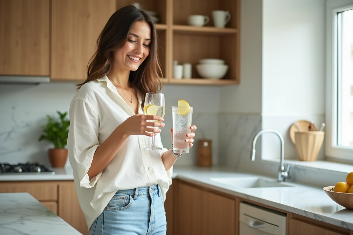 Femme tenant un verre d'eau pétillante dans une cuisine moderne après un mois sans alcool