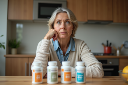 Femme méditant sur des compléments de vitamine D à la maison