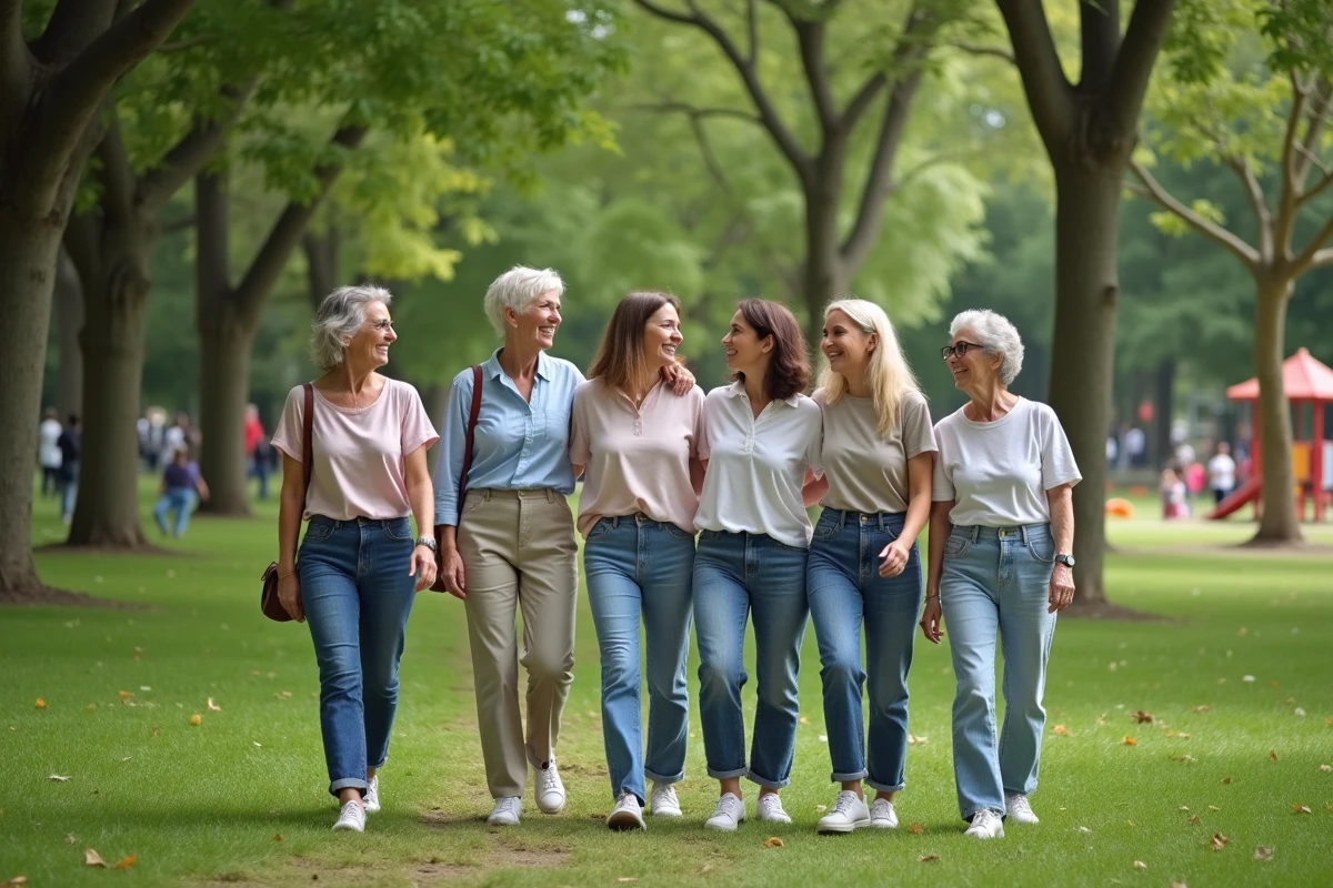 Groupe de femmes diverses marchant dans un parc urbain