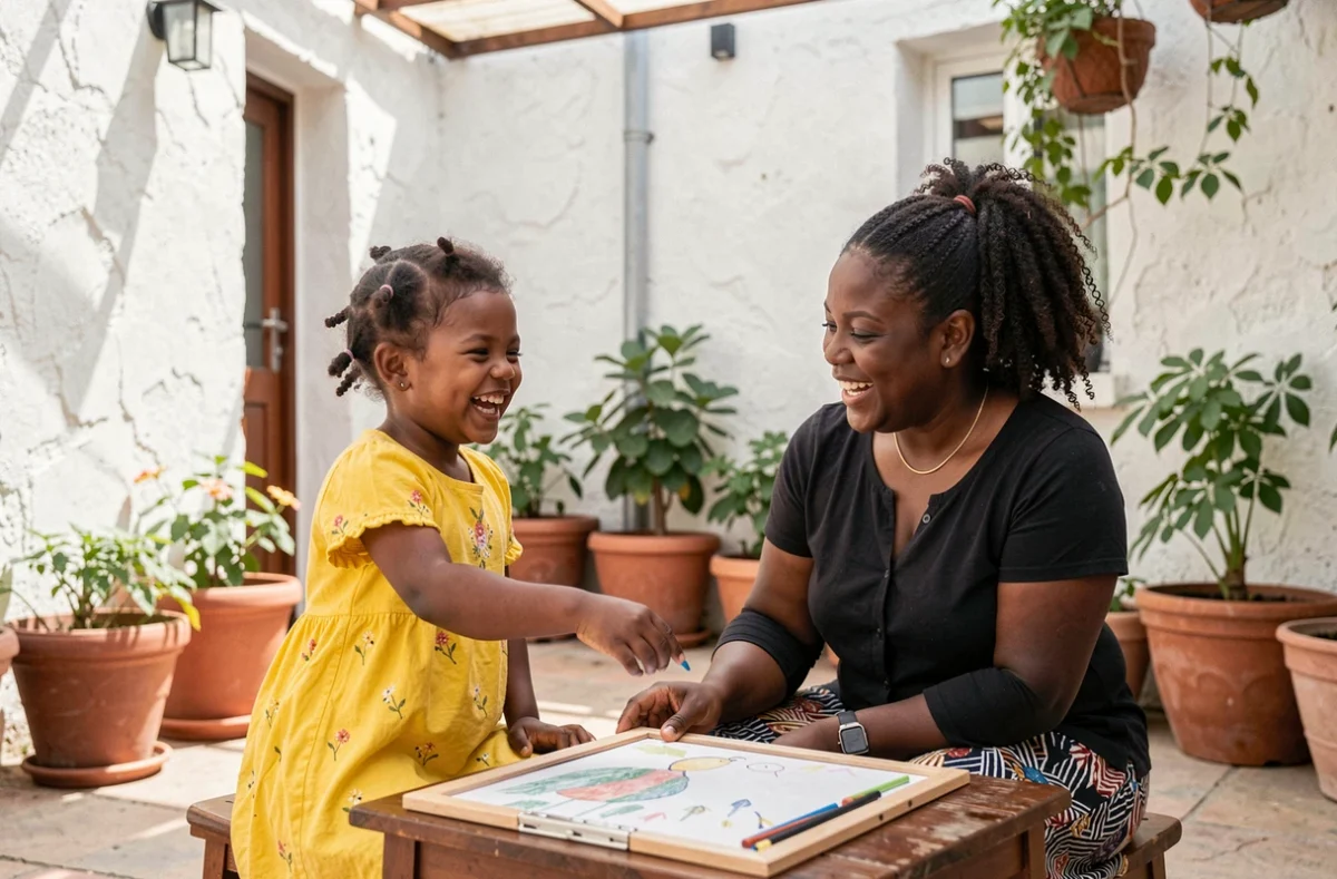 Fillette trisomique africaine riante lors d'une activité créative encadrée par une accompagnatrice bienveillante dans une cour extérieure