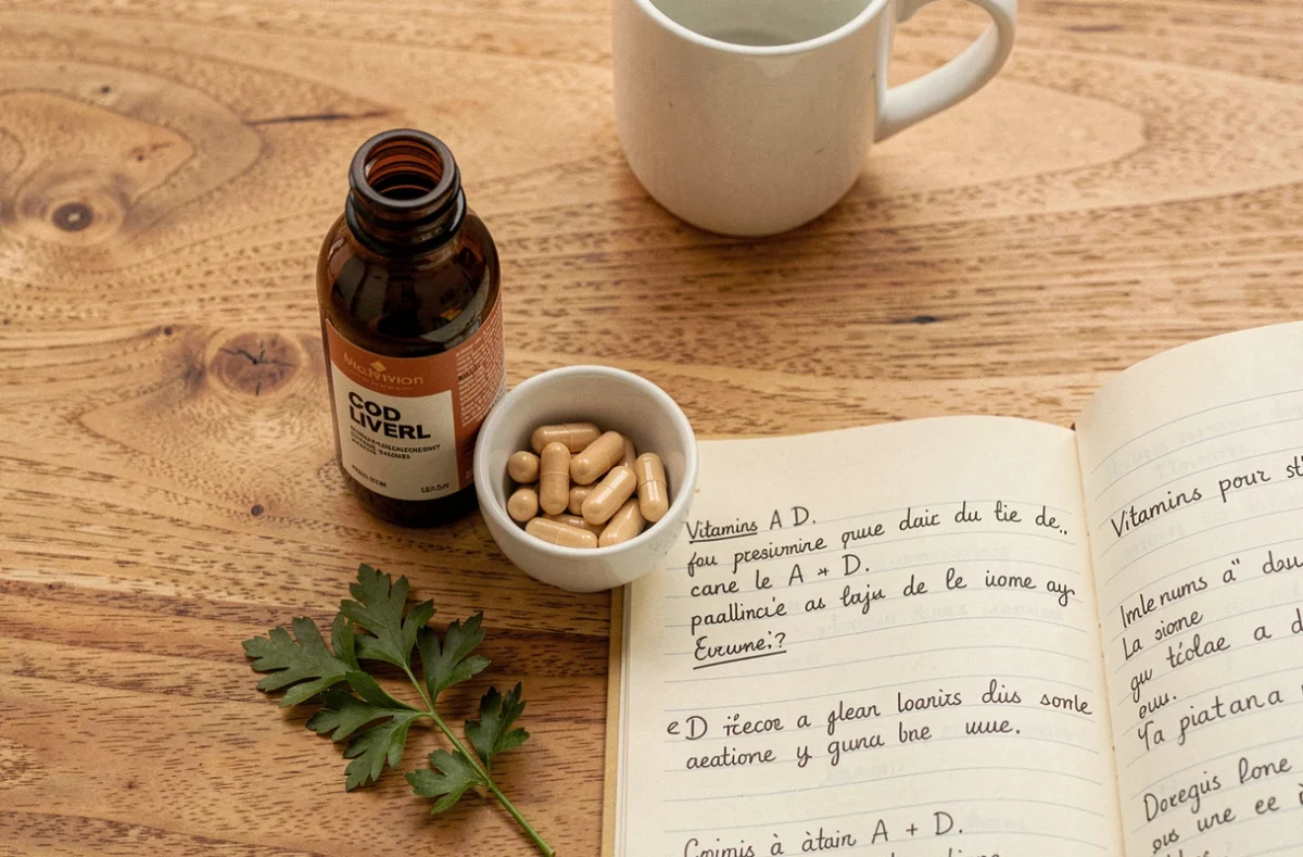 Flacon d'huile de foie de morue, capsules et notes sur les vitamines posés sur une table en bois naturel