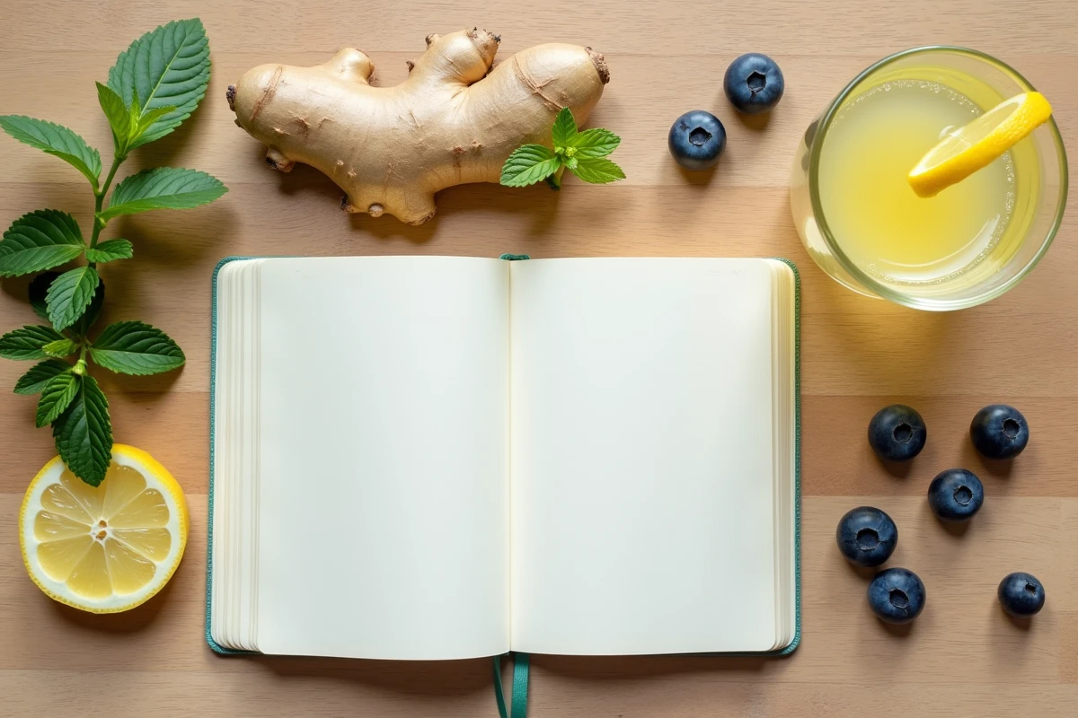 Composition flat lay représentant les bienfaits d'un mois sans alcool sur le foie et la digestion