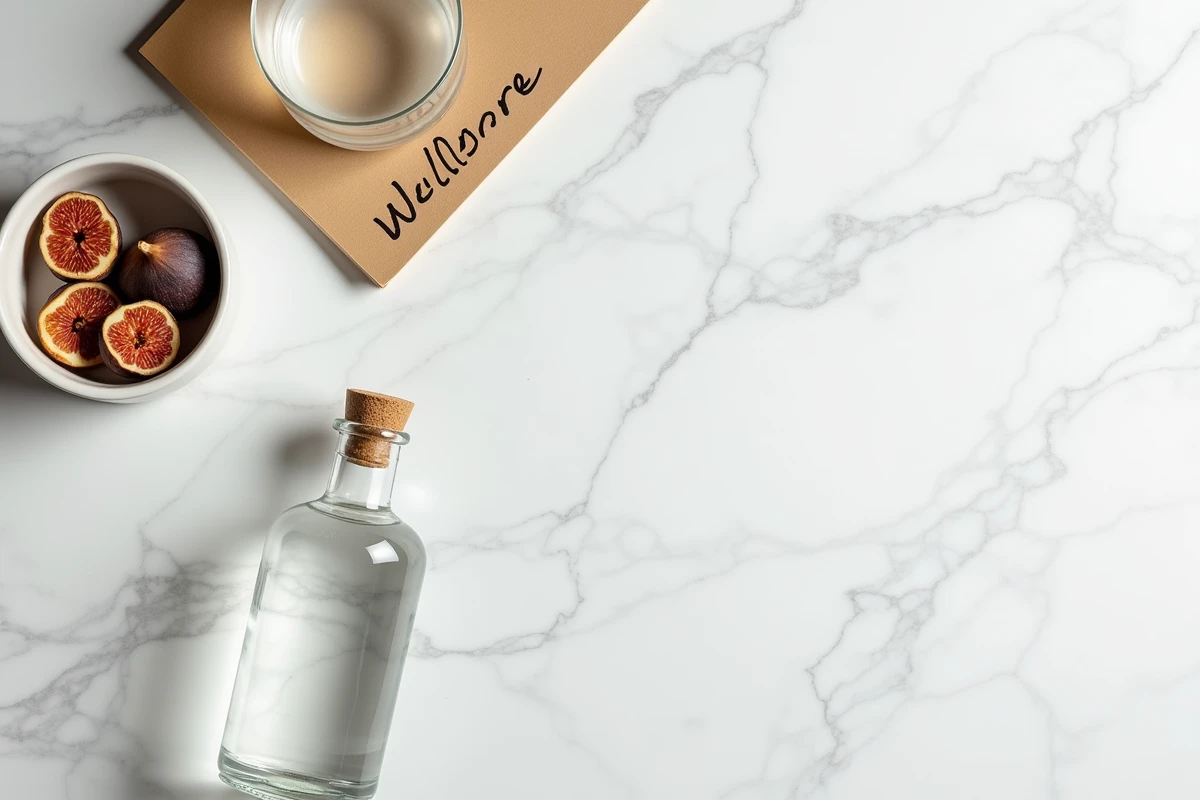 Plat posé avec une bouteille d'eau minérale, des figues séchées et un carnet de notes santé sur marbre blanc, illustration éditoriale de la constipation et de l'hydratation
