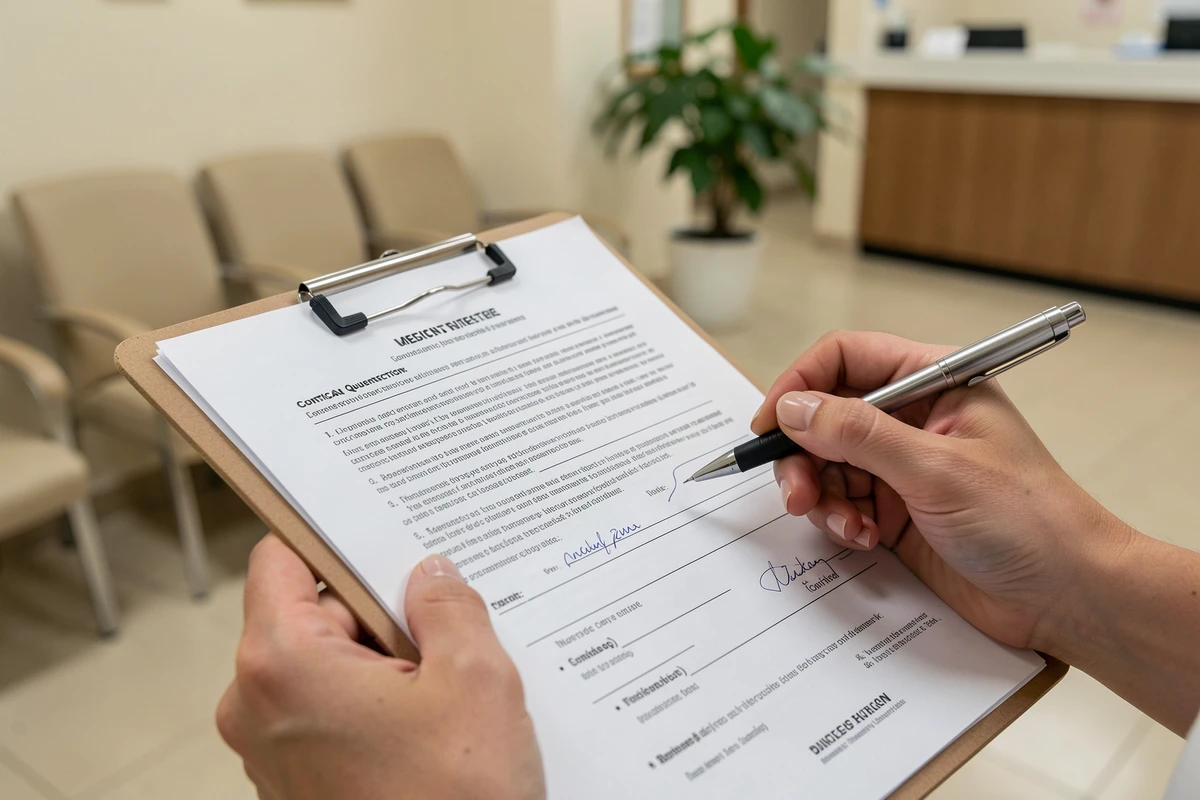 Formulaire de consentement éclairé et questionnaire médical rempli avant une anesthésie générale