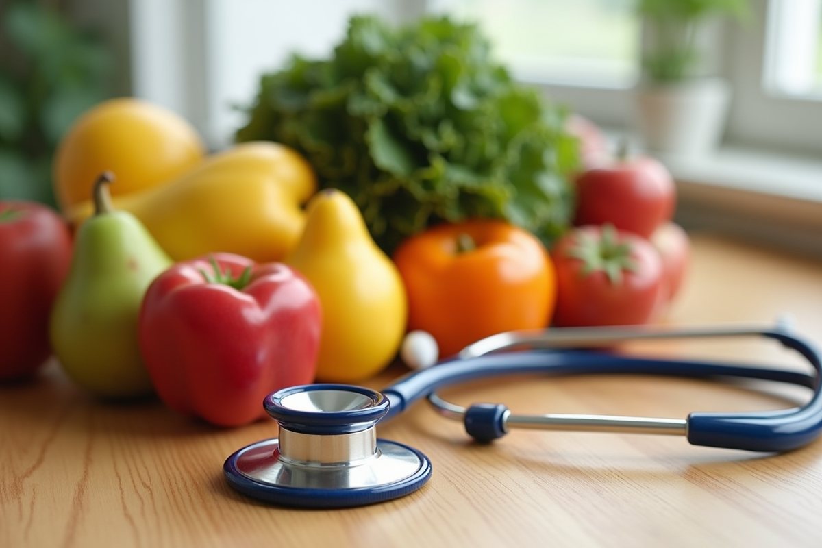Fruits légumes et stethoscope sur table lumineuse