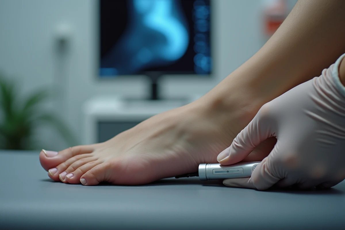 Gros plan sur un talon humain avec sonde échographique et radiographie montrant une épine de Lenoir en cabinet de podologie