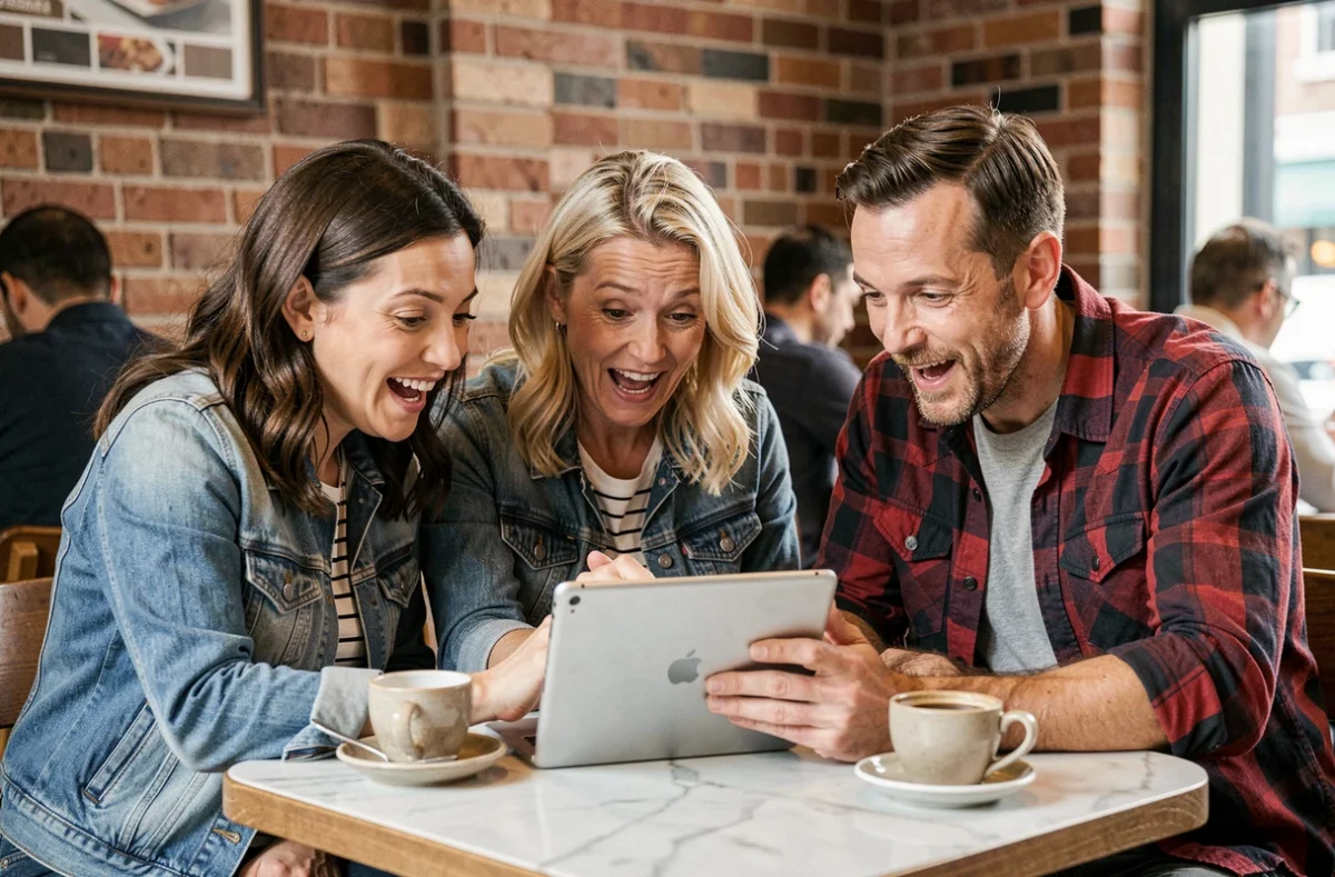 Groupe d'amis d'âges différents découvrant ensemble un simulateur d'espérance de vie sur une tablette dans un café