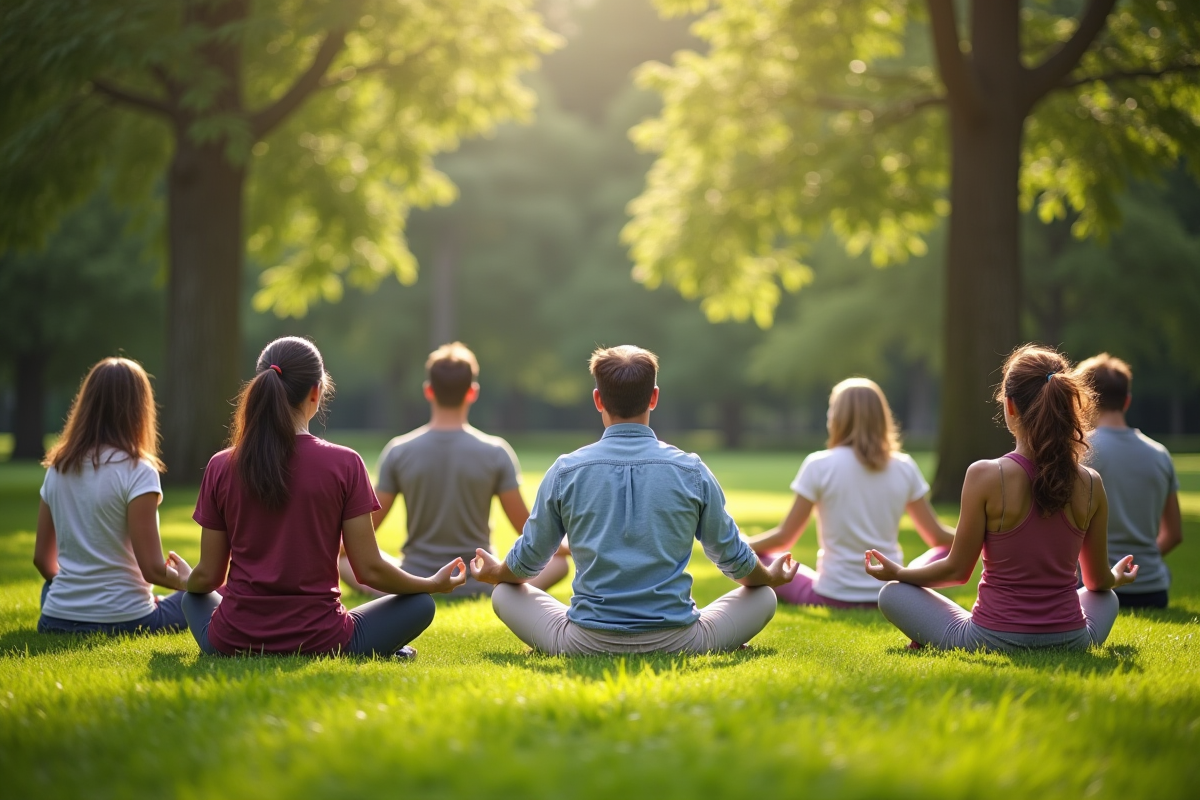 Groupe divers pratiquant la méditation en plein air dans un parc