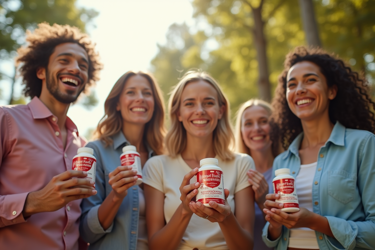 Groupe de personnes souriantes avec compléments pour la santé du coeur