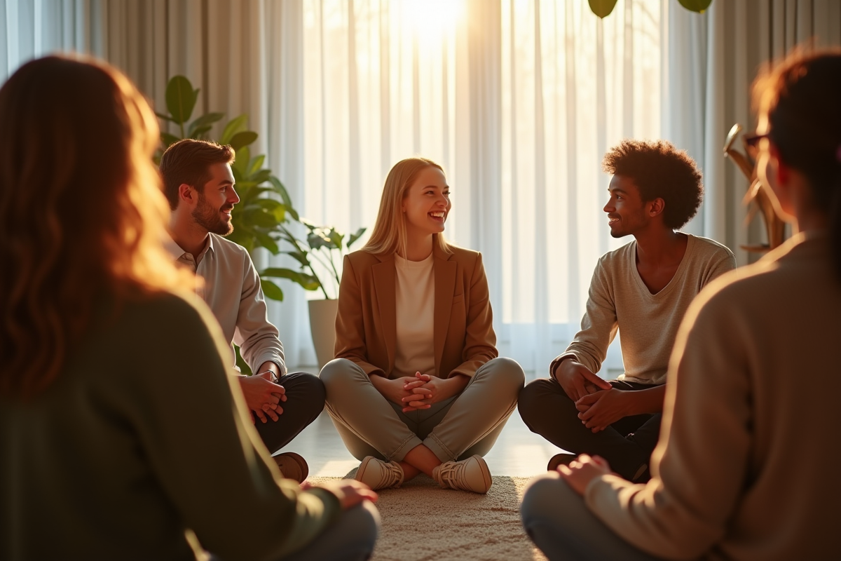 Groupe diversifié en cercle dans une salle de thérapie lumineuse