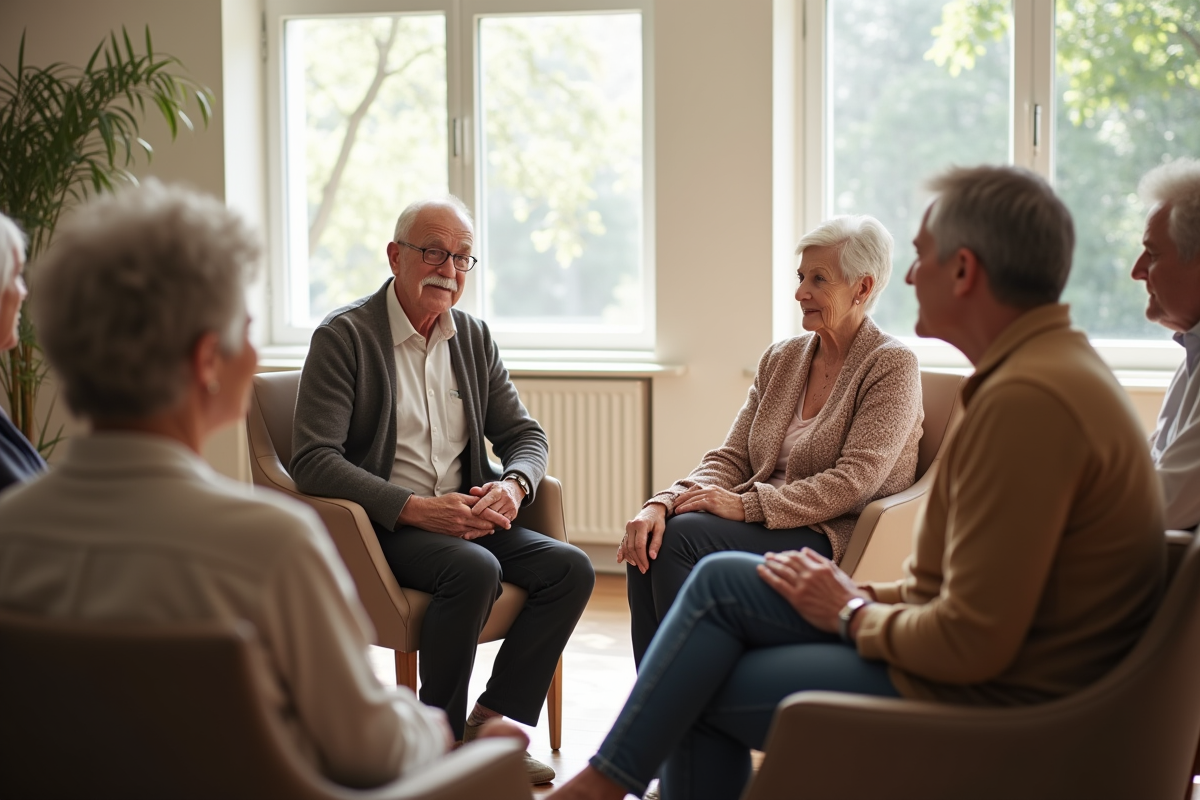 Groupe de seniors en thérapie en cercle dans une salle lumineuse