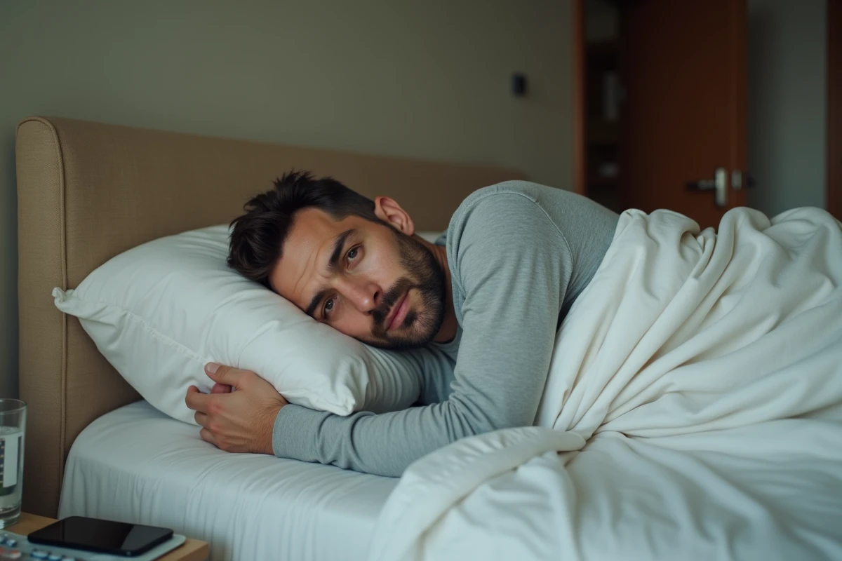 Homme alité avec thermomètre et médicaments sur la table de nuit lors d'une période de convalescence grippale
