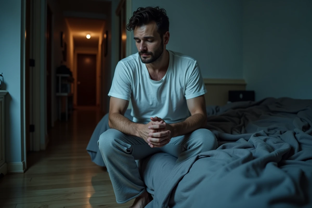 Homme assis sur le bord du lit la nuit après un réveil nocturne, visage fatigué et regard pensif