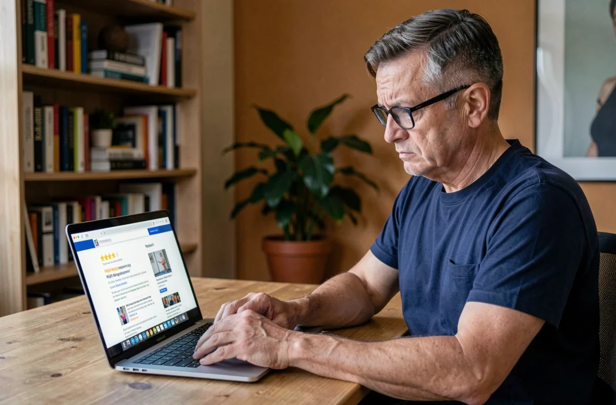 Homme consultant des avis en ligne sur un programme minceur depuis son bureau à domicile — recherche consommateur Indiva System