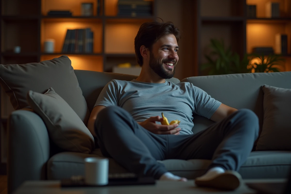 Homme mangeant une banane le soir sur son canapé pour éviter les envies de sucre nocturnes