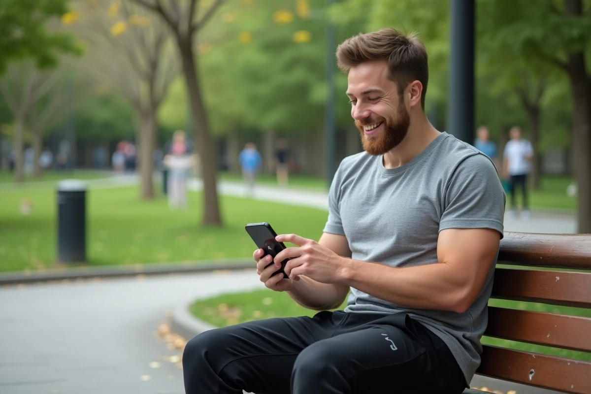 Jeune homme assis sur un banc de parc urbain avec smartphone