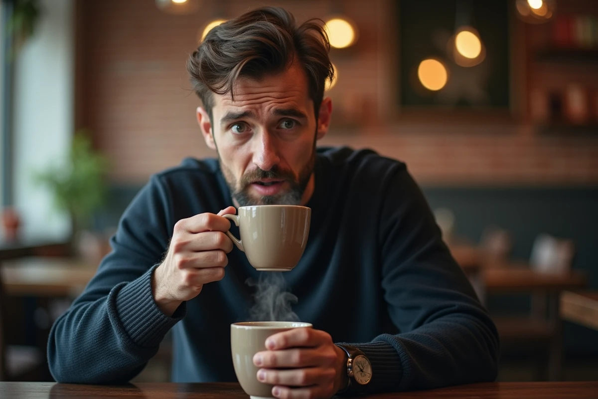 Homme hésitant à boire une boisson chaude dans un café, illustrant la prudence face aux brûlures récurrentes au palais