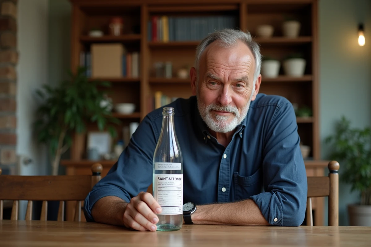 Homme adulte lisant l'étiquette d'une bouteille d'eau Saint Antonin à table, dans le contexte d'une alimentation adaptée à la constipation