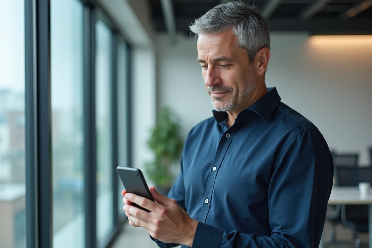 Homme d'affaires consultant ses résultats d'analyses biologiques sur mobile dans un bureau moderne grâce à Laboconnect