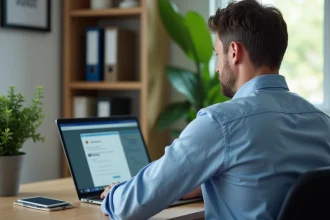 Homme d'&acirc;ge moyen travaillant sur son ordinateur dans un bureau &agrave; domicile
