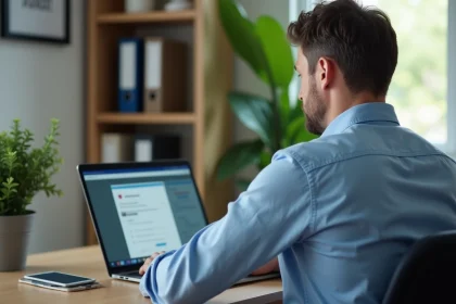 Homme d'&acirc;ge moyen travaillant sur son ordinateur dans un bureau &agrave; domicile