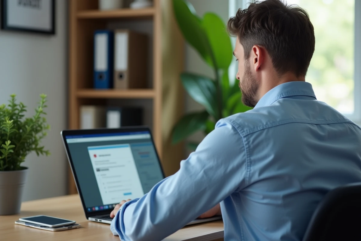 Homme d'âge moyen travaillant sur son ordinateur dans un bureau à domicile