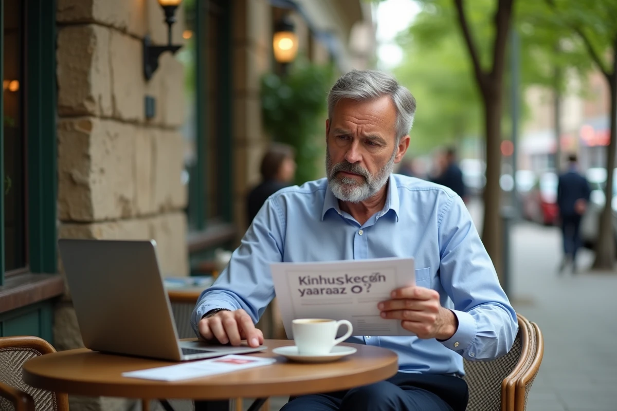 Homme d age moyen au cafe regardant brochure sceptique