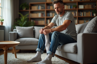 Homme d'âge moyen en salon mettant des chaussettes orthopédiques
