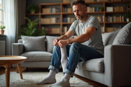 Homme d'âge moyen en salon mettant des chaussettes orthopédiques