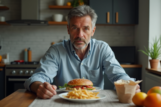 Homme d'âge moyen seul à la cuisine avec repas vide