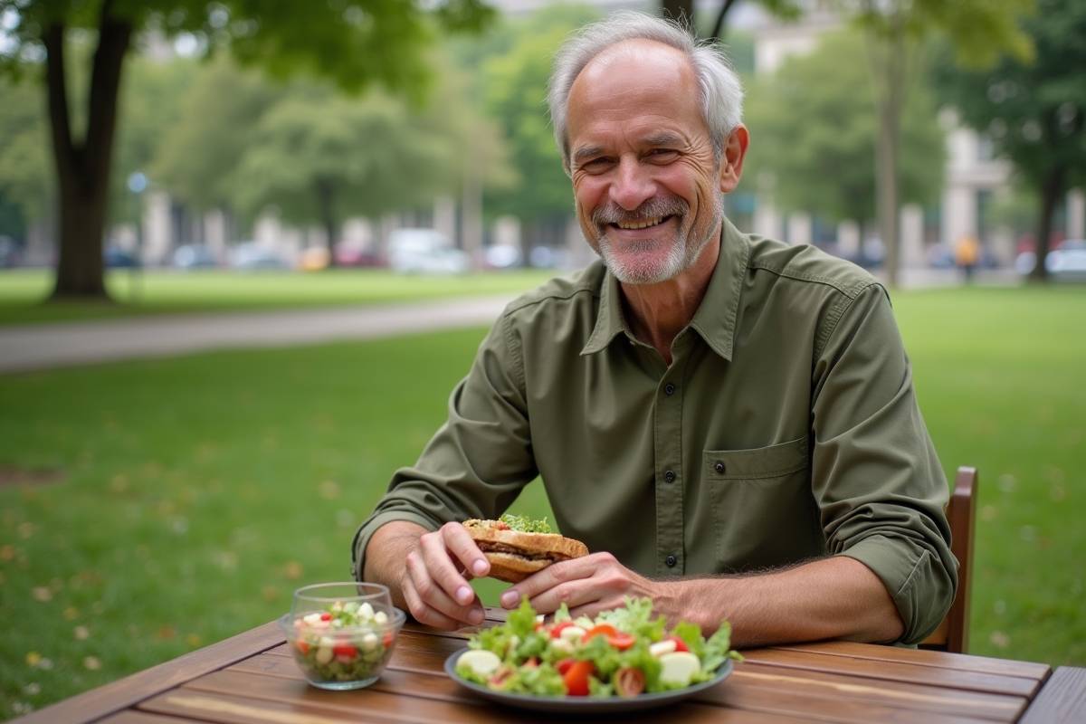 Homme dégustant un déjeuner sain en plein air au parc