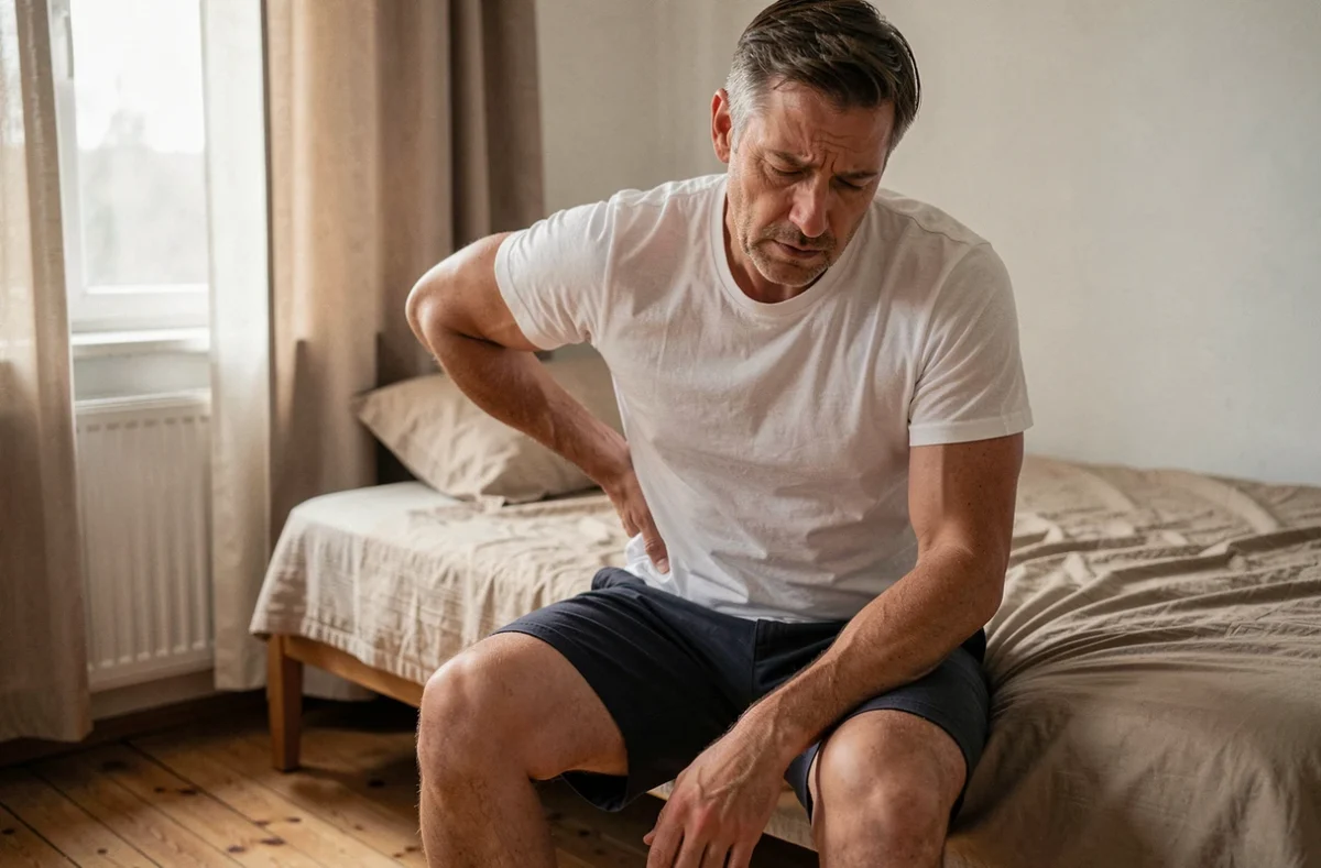 Homme assis au bord du lit le matin avec douleur lombaire causée par la constipation