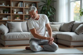 Homme d'âge moyen faisant un étirement du dos dans un salon