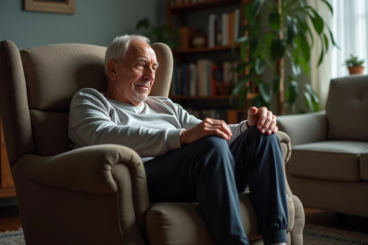 Homme âgé étirant ses jambes dans un salon