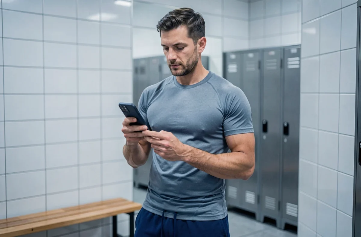 Homme en tenue de sport consultant son téléphone pour évaluer si le programme Reborn21 correspond à son profil