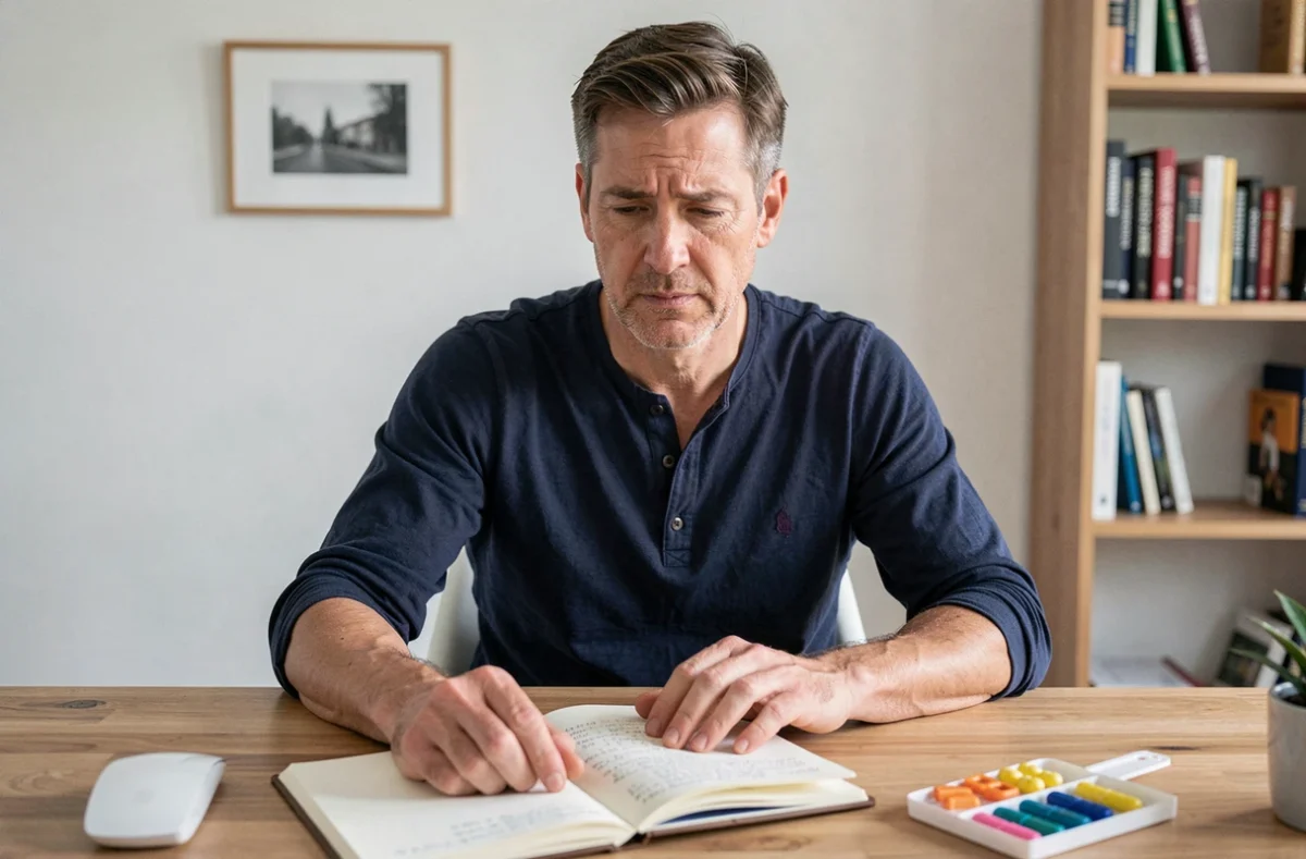 Homme fatigué à son bureau avec un pilulier et des notes sur la durée des effets d'une cure de vitamine B12